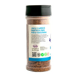 Uncle Clarence BBQ rub in a clear shaker bottle featuring Righteous Ribs seasoning for grilling