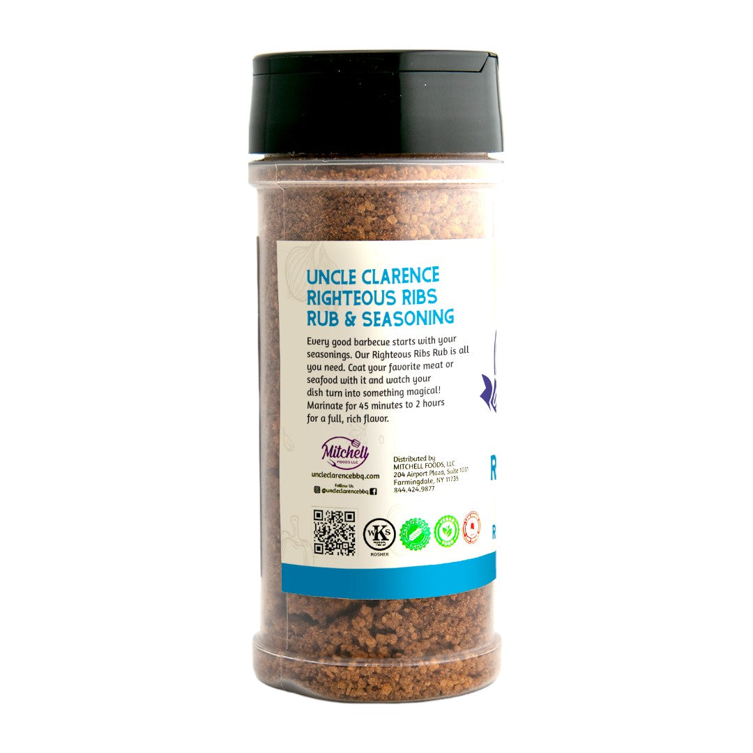Uncle Clarence BBQ rub in a clear shaker bottle featuring Righteous Ribs seasoning for grilling