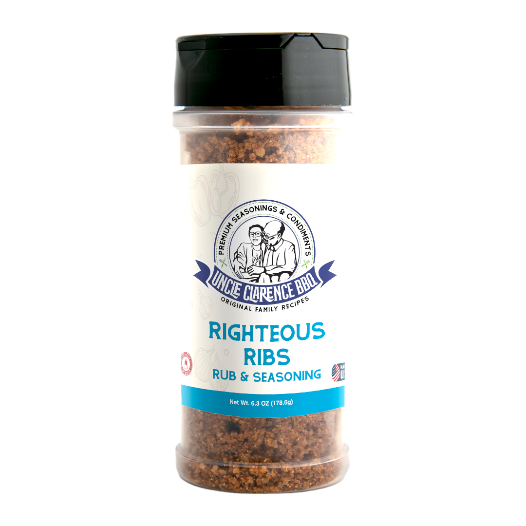 Uncle Clarence BBQ rub for Righteous Ribs in a clear container, perfect for seasoning meats and enhancing flavor
