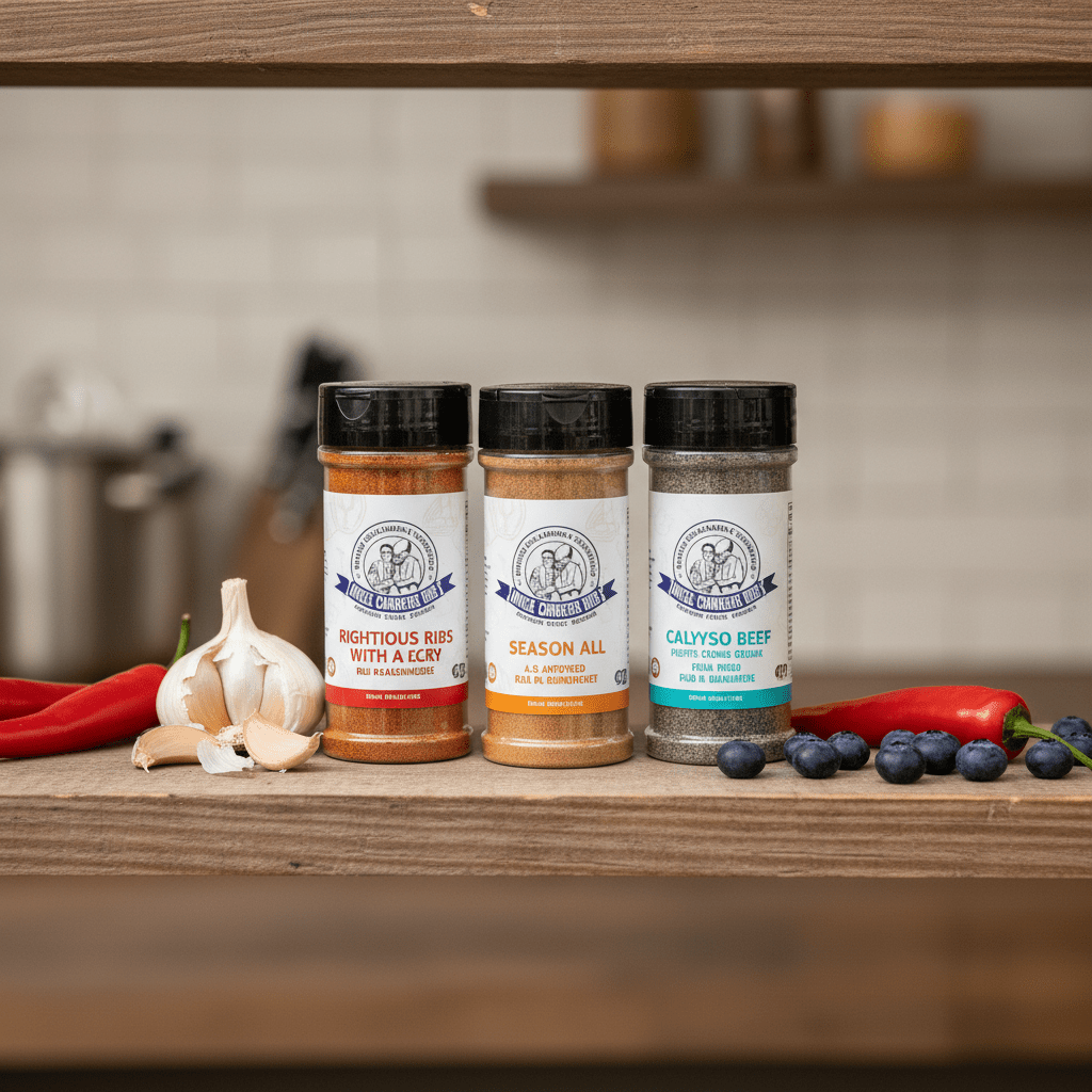 Uncle Clarence BBQ Spice Trio Gift Box – Righteous Ribs With a Kick • Season All • Calypso Heat - Uncle Clarence BBQ