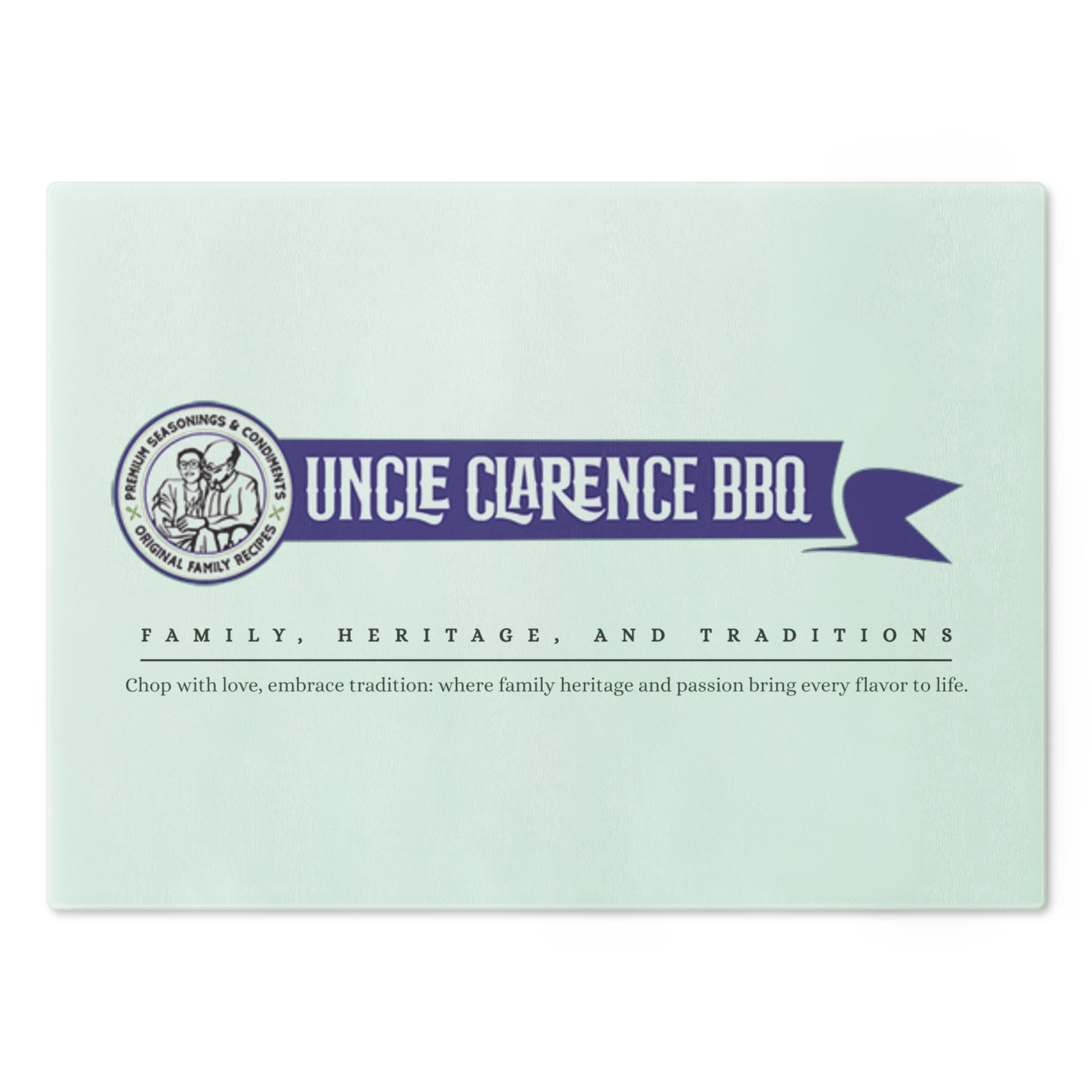 Traditional Barbecue Cutting Board featuring Uncle Clarence BBQ design and family heritage message