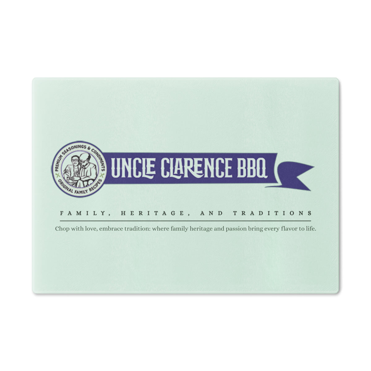 Traditional Barbecue Cutting Board with Uncle Clarence BBQ logo and family heritage design