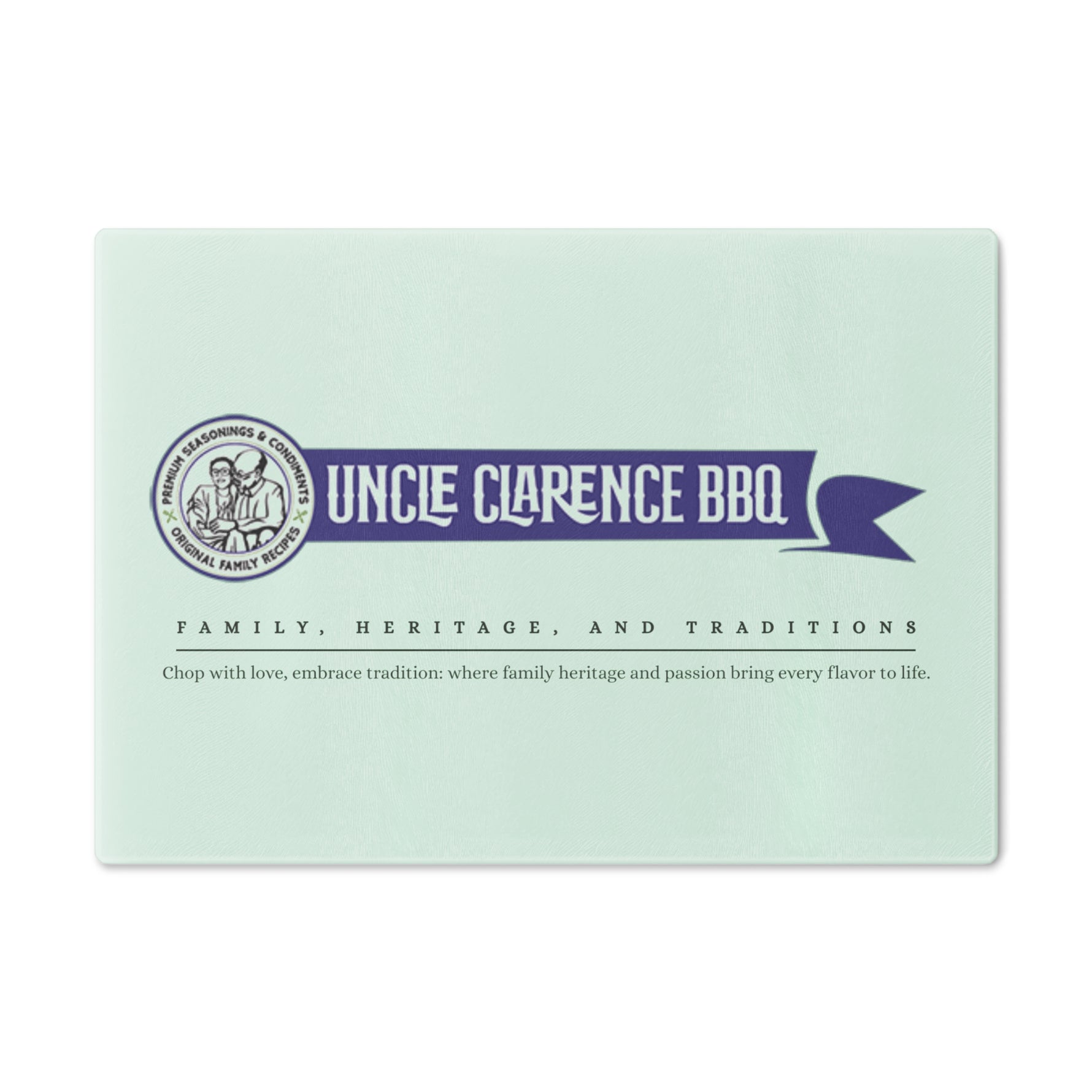Traditional Barbecue Cutting Board with Uncle Clarence BBQ logo and family heritage design