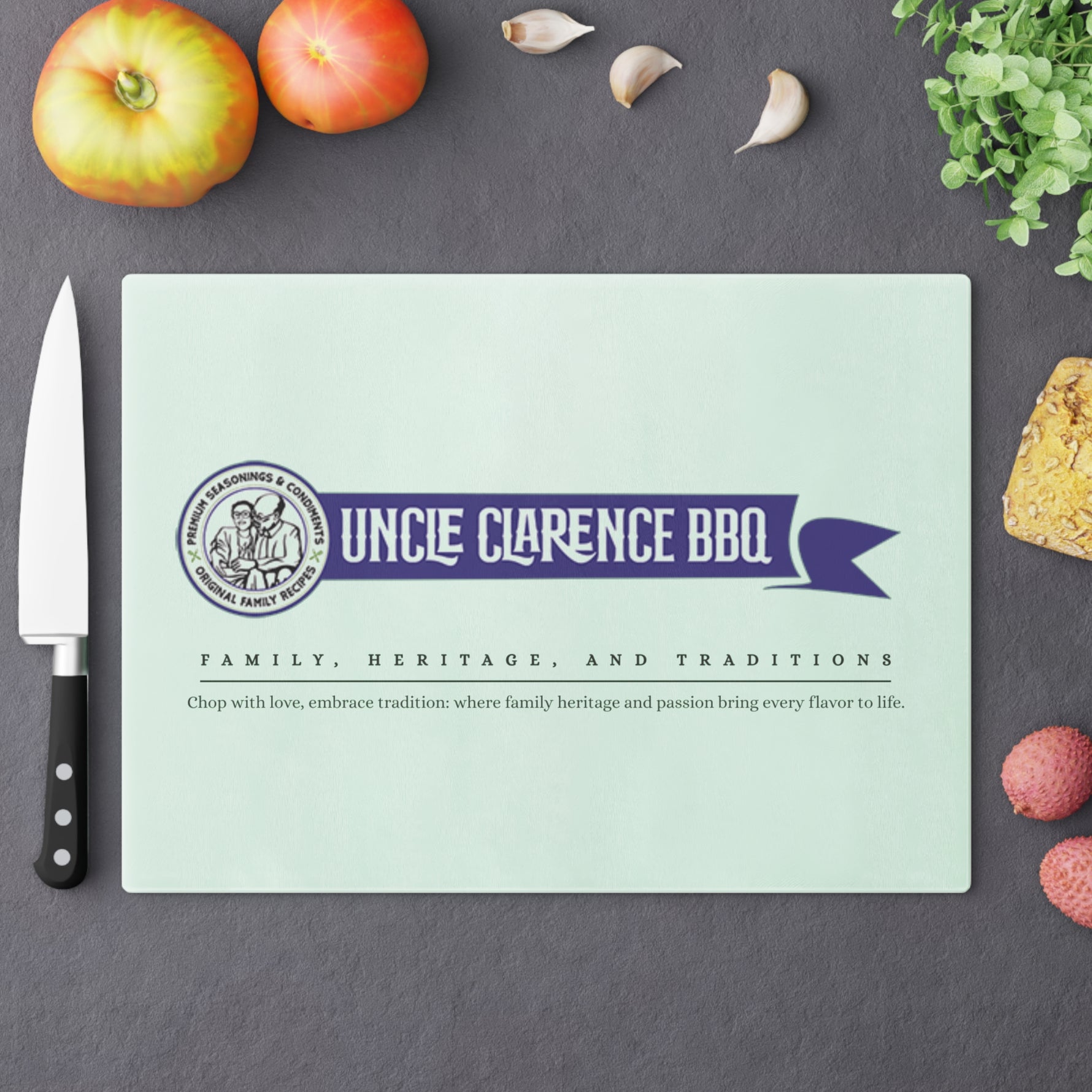 Personalized Traditional Barbecue Cutting Board with Uncle Clarence BBQ Design and Family Heritage Theme