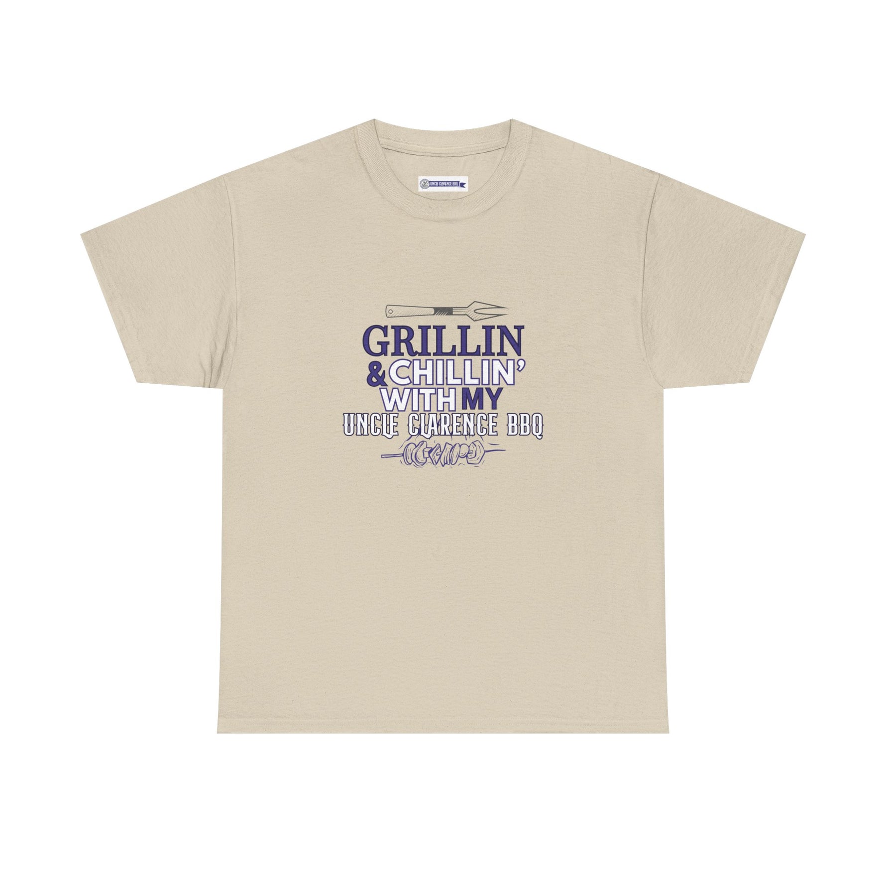 Beige Uncle Clarence BBQ T-Shirt with Grill and Chill Design Perfect for Summer Cookouts