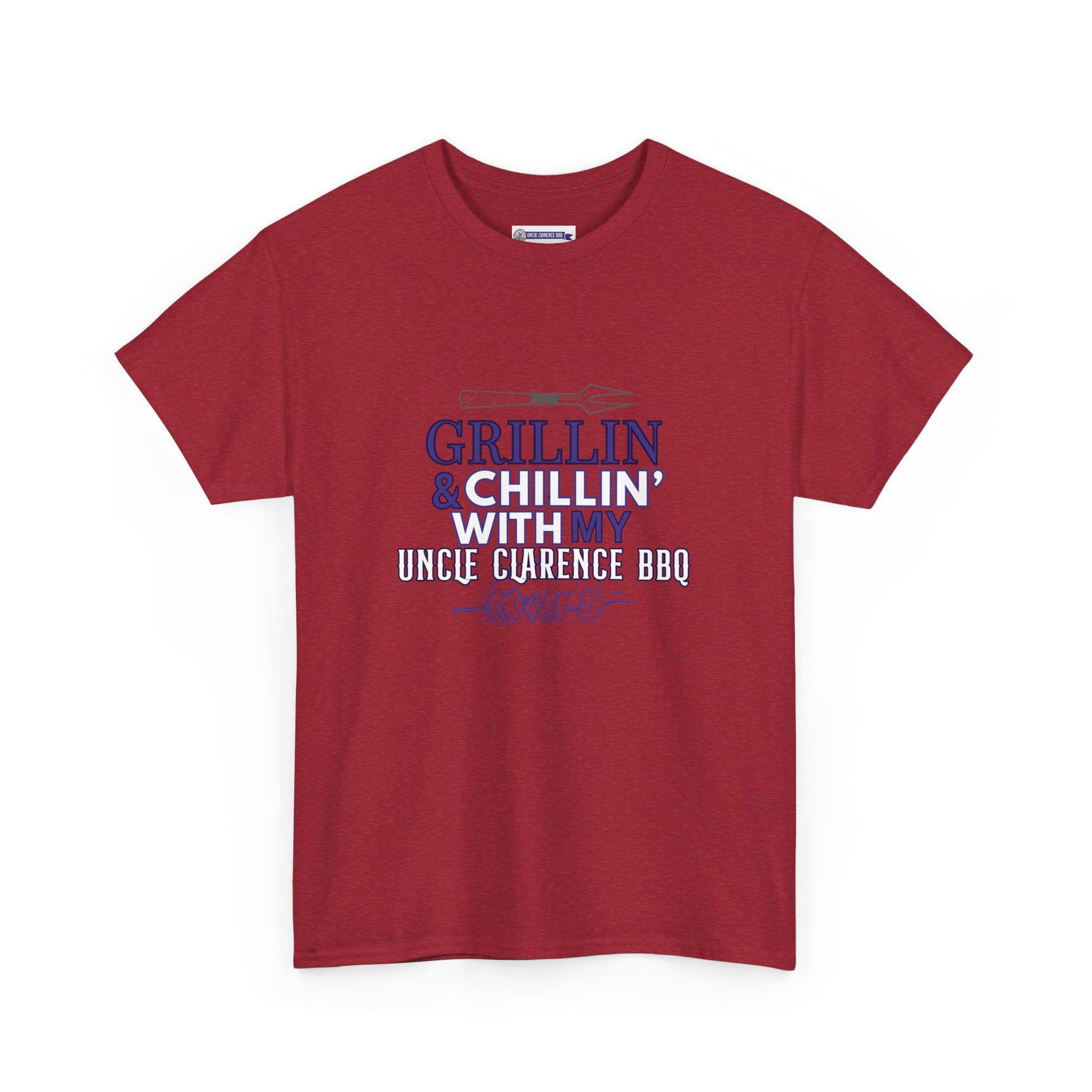 Uncle Clarence BBQ T-Shirt in Burgundy with Grill and Chill Design for BBQ Lovers