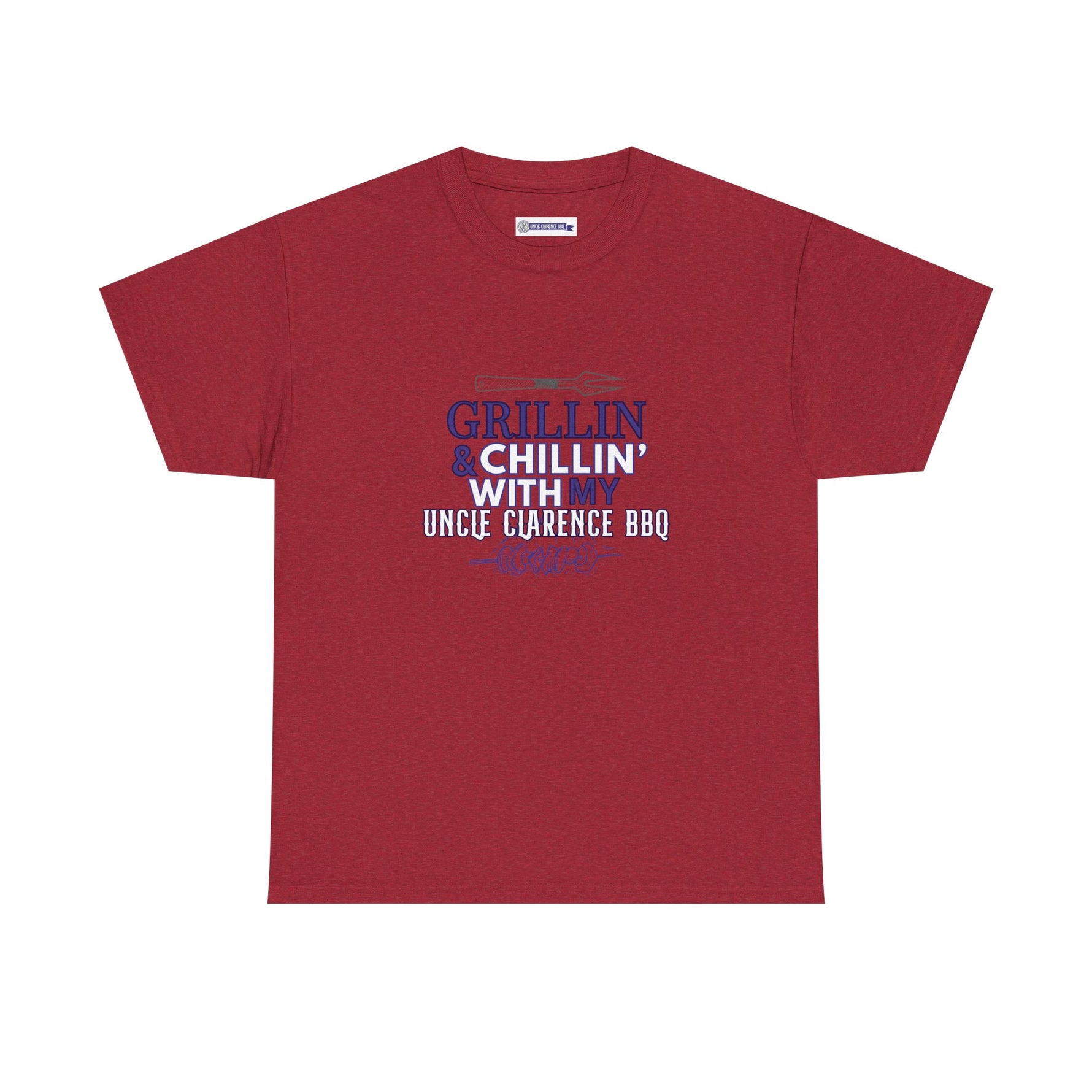 Uncle Clarence BBQ T-Shirt in Red with Grill and Chill Design for BBQ Lovers