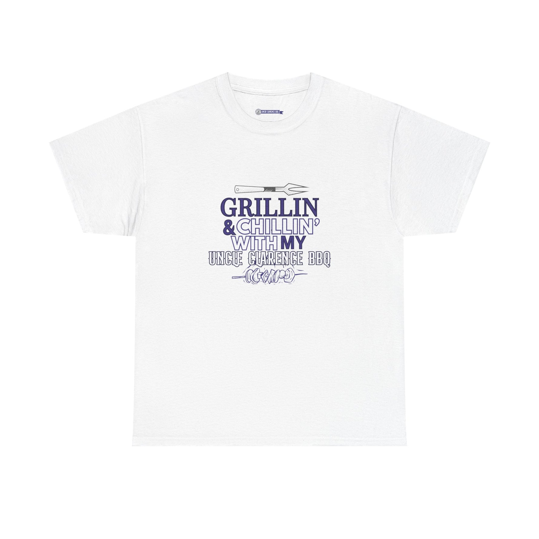 White Uncle Clarence BBQ T-Shirt featuring Grillin and Chillin design for barbecue enthusiasts