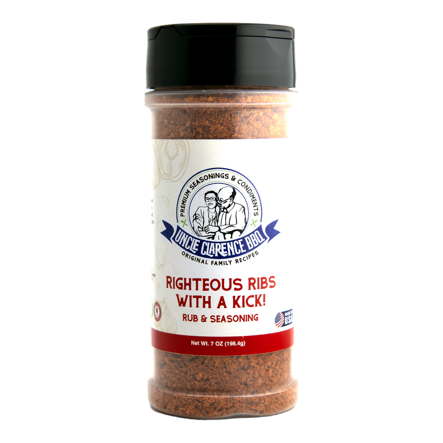 Uncle Clarence BBQ bold rib seasoning mix in a shaker bottle for flavorful ribs and grilling