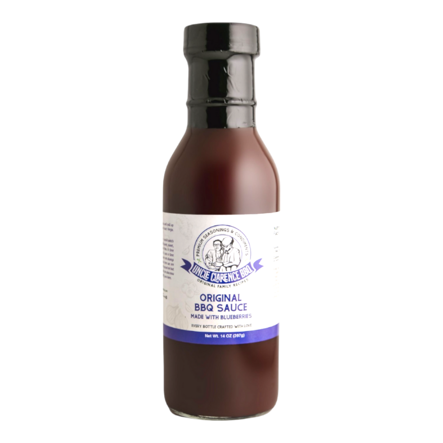 Uncle Clarence Original BBQ Sauce in a bottle made with blueberries for delicious flavor