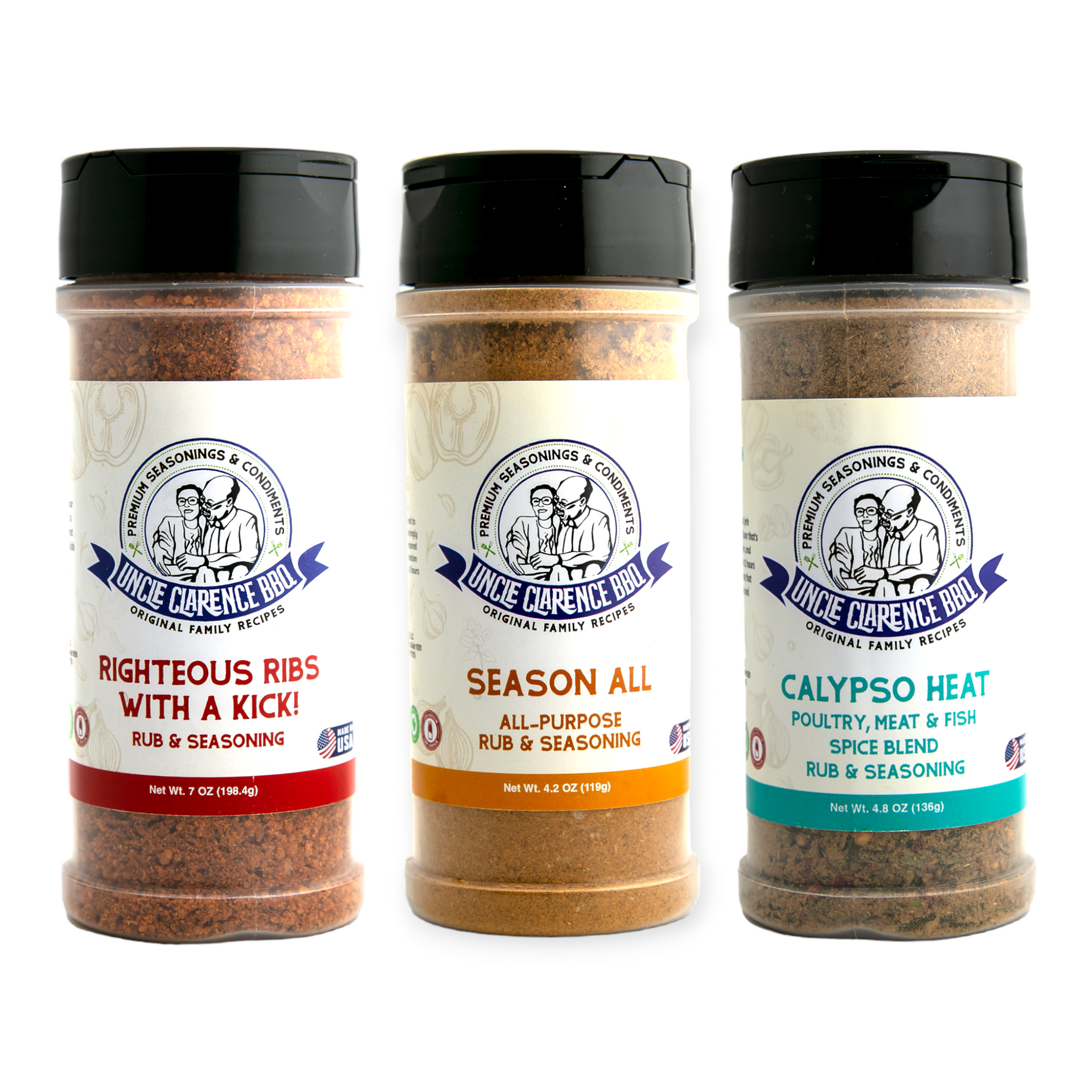 Uncle Clarence spice set featuring Righteous Ribs, Season All, and Calypso Heat for flavorful cooking